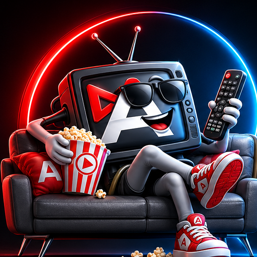 The AvisionTV mascot relaxing with a remote and popcorn